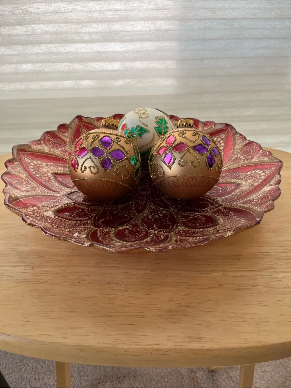 Decorative Red and Gold Glass Bowl with Embellished Ornaments